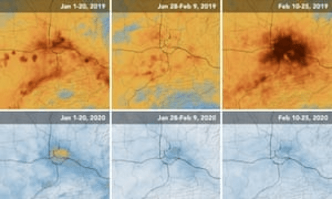 Mapas de la NASA que muestran valores de NO2 sobre Wuhan durante enero y febrero