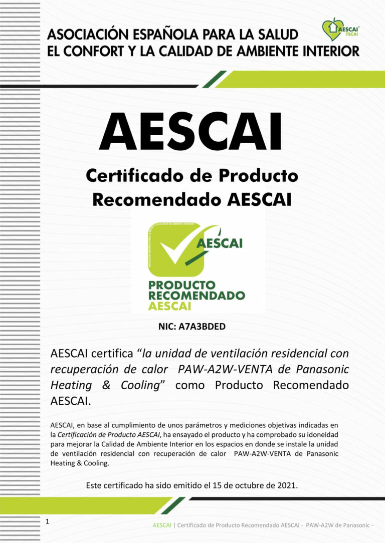 Unidad de ventilación residencial con recuperación de calor PAW-A2W-VENTA de Panasonic Heating & Cooling: Producto Recomendado AESCAI.