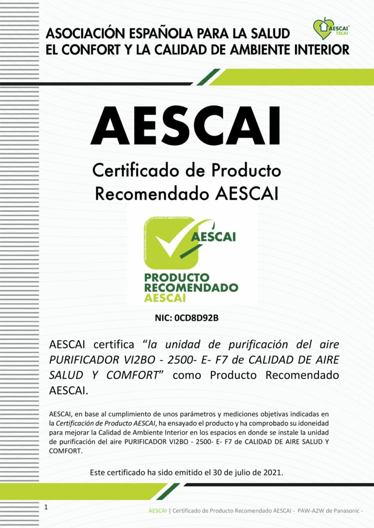 PURIFICADOR VI2BO – 2500- E- F7 de CALIDAD DE AIRE SALUD Y COMFORT”: Producto Recomendado AESCAI.